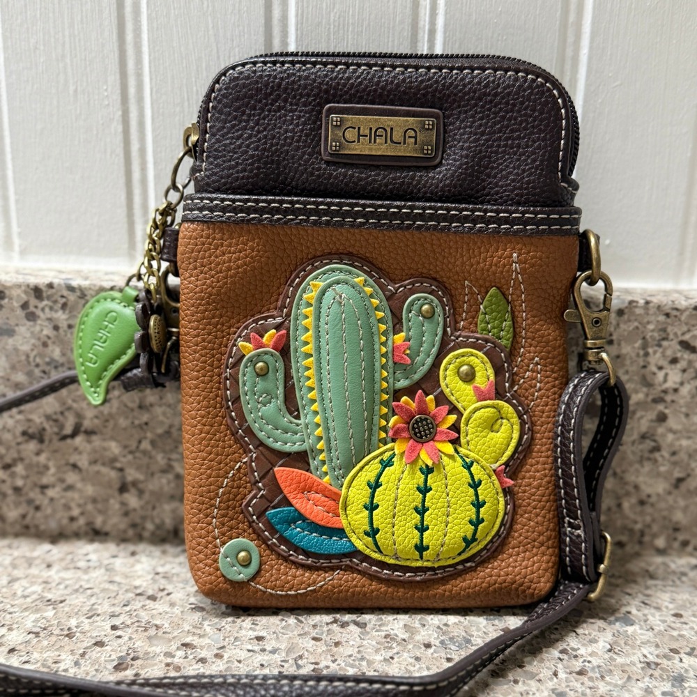 Chala Cactus Faux Leather Cellphone Xbody Bag, Brown Green,OS